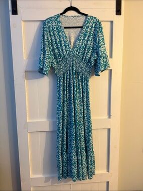 Women's Teal Patterned V-Neck Smocked Maxi Dress